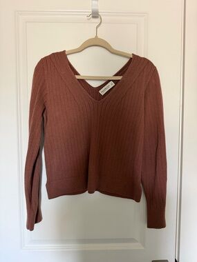Ribbed V-Neck Sweater in Rust